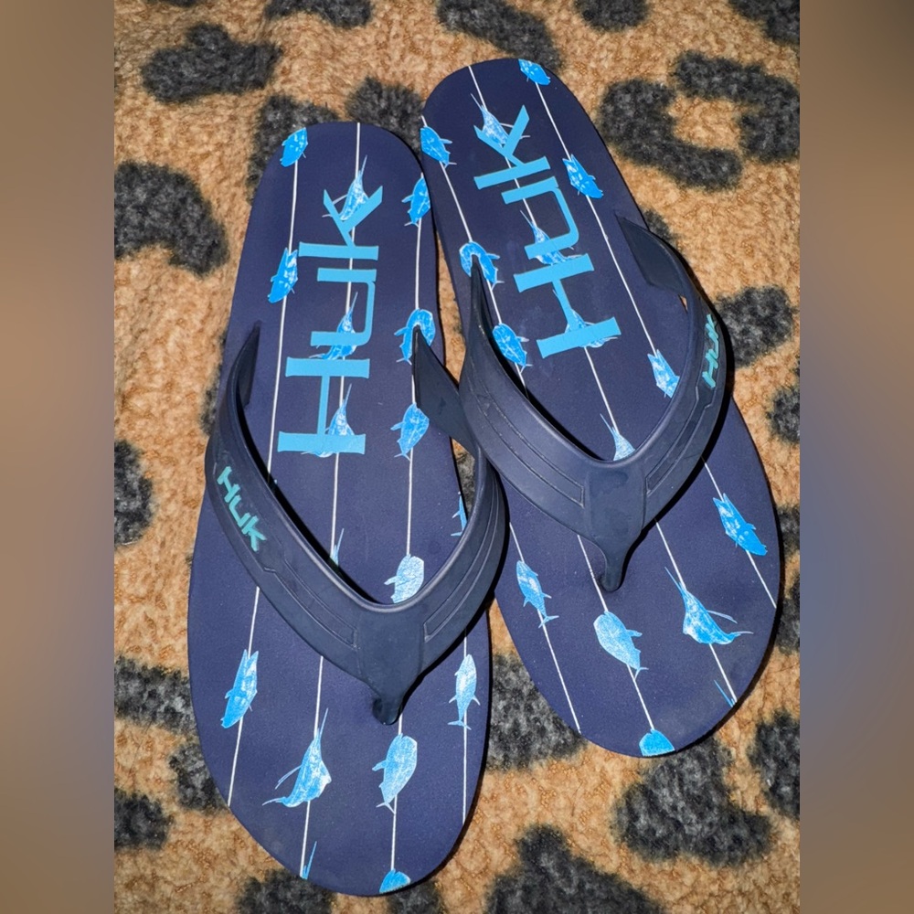 Huk Black and Blue Fish Pattern Flip Flops